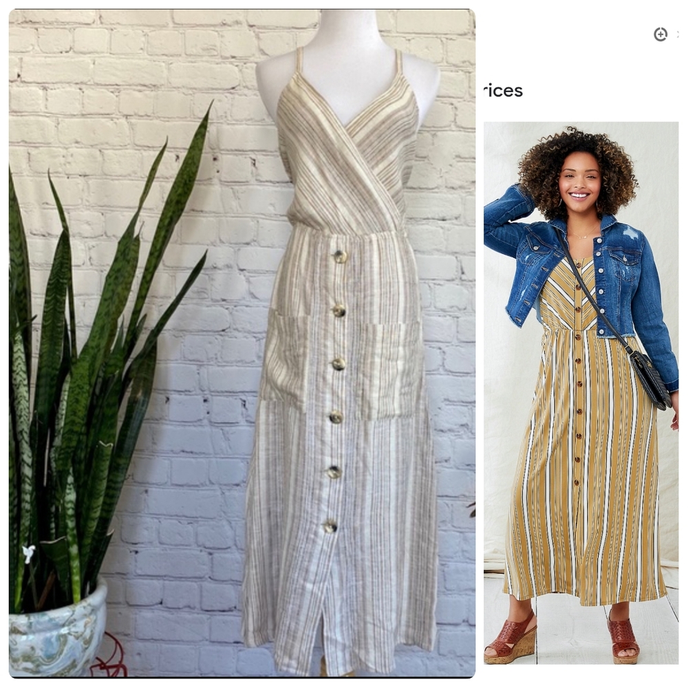 Essential Fall Linen Rayon Button Down Striped Midi Dress Size Small▪